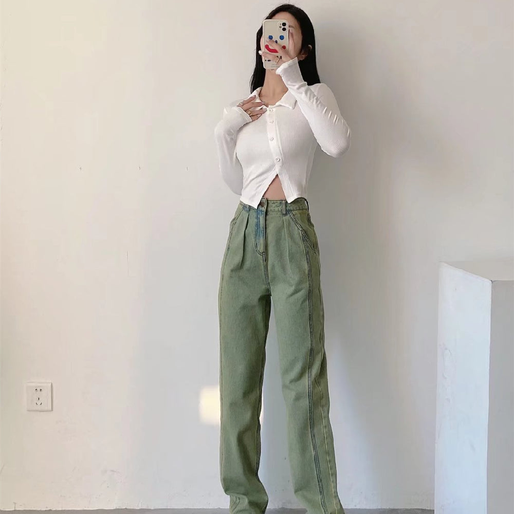 High-Waist Straight-Leg Jeans in Sage Green - sage green full-length front outfit view
