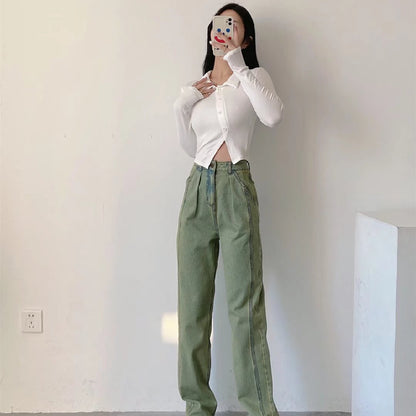 High-Waist Straight-Leg Jeans in Sage Green - sage green full-length front outfit view