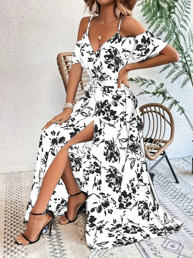 Maxi Dress in Floral Bardot Split-Hem - white seated split detail