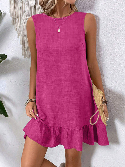 Mini Dress with Ruffle Hem and Sleeveless Swing Fit - rose red side view with soft hem movement
