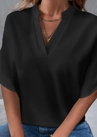 Blouse with Notch Neck and Split Sleeves - black front view