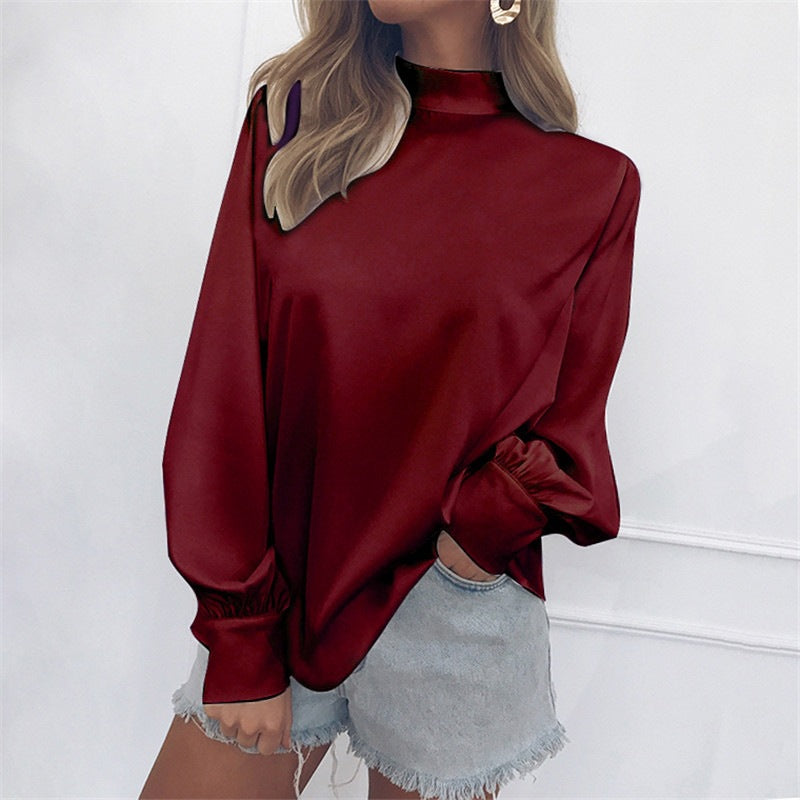 Blouse with Soft High Neck and Lantern Sleeves - wine red front view