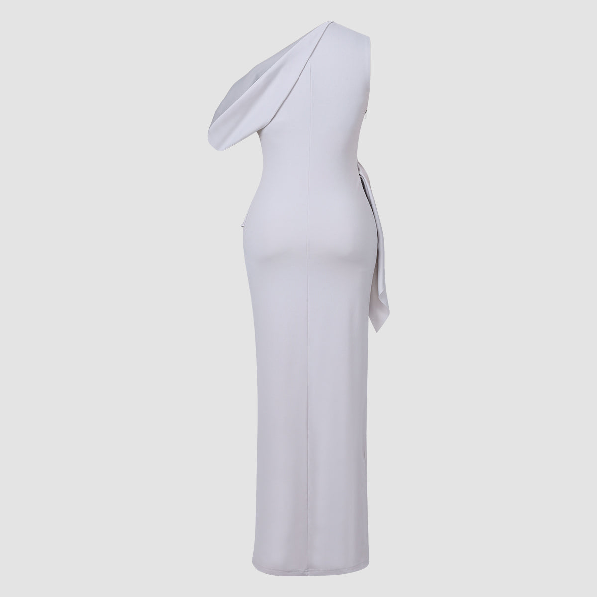 Maxi Dress in Soft Grey with One-Shoulder Drape - mannequin side profile