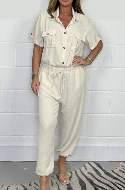 Utility Shirt Jumpsuit with Drawstring Waist - white front view