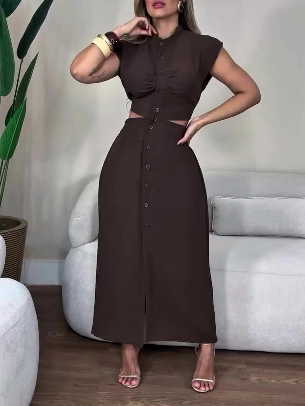 Maxi Shirt Dress in Brown with Waist Cut-Out - brown full-length front view