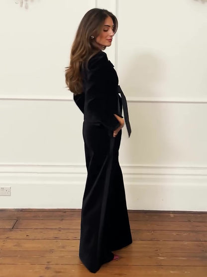 Black Velvet Bow Jacket & Wide-Leg Trouser Suit — side profile silhouette