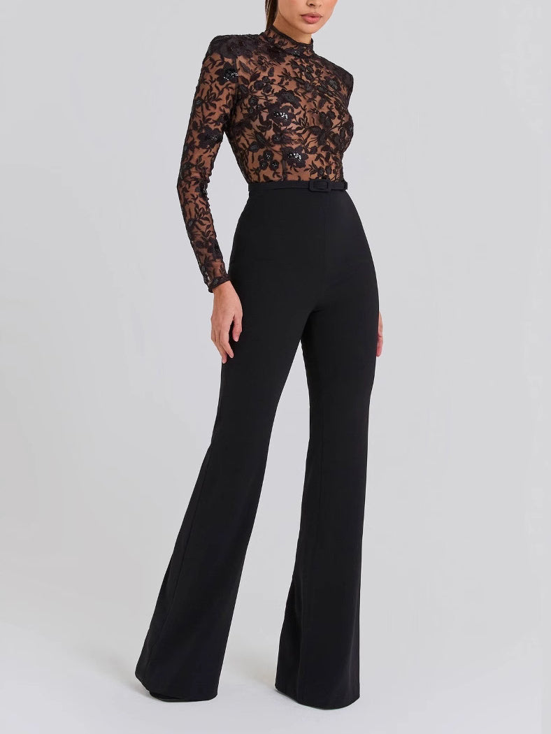 Sheer Lace Long-Sleeve Flared Jumpsuit in Black - black angled full-length view