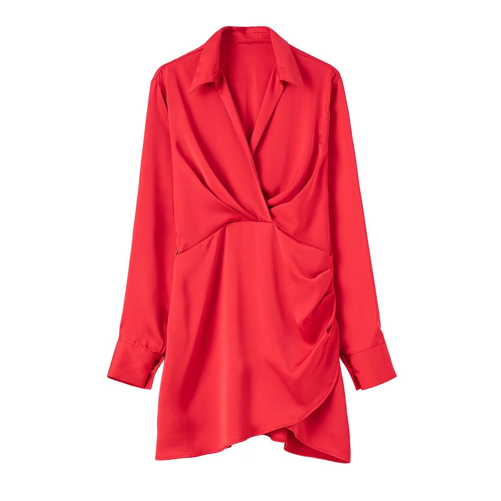 Mini Shirt Dress with Satin-Feel Drape Waist - red front view