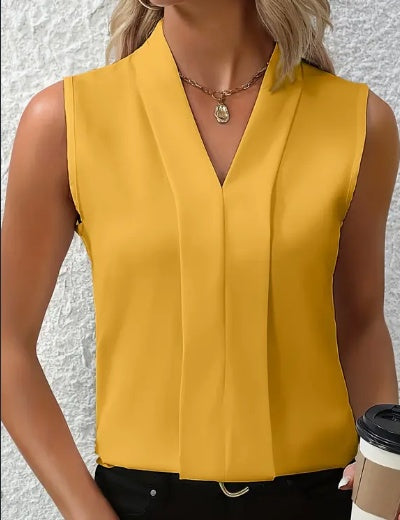 Sleeveless Blouse with Folded V-Neck and Pleat Front - yellow front view