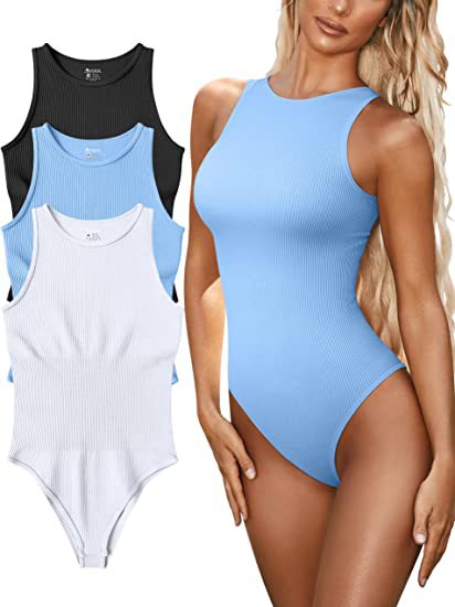 Bodysuit in Ribbed Cotton, Sleeveless Crew Neck - sky blue front studio composite