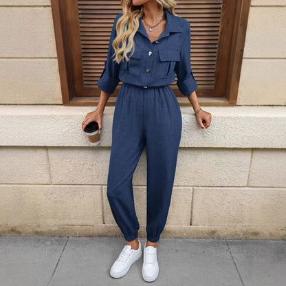 Jumpsuit with Utility Shirt Top in Blue & Khaki - blue front view with chest pockets