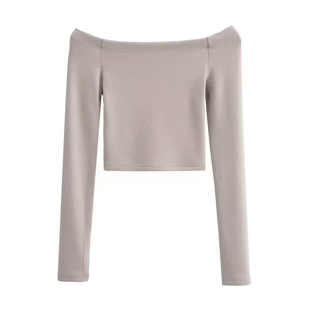 Bardot Long Sleeve Crop Top in Black, White and Neutrals - apricot front view