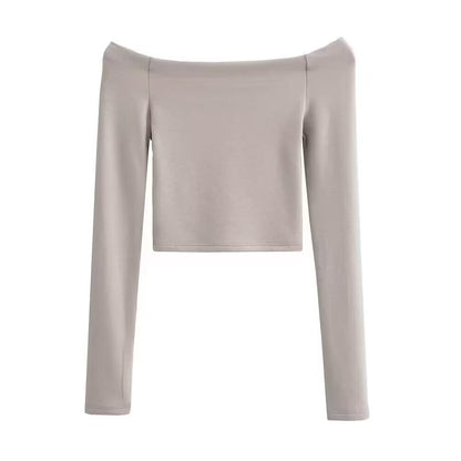 Bardot Long Sleeve Crop Top in Black, White and Neutrals - apricot front view
