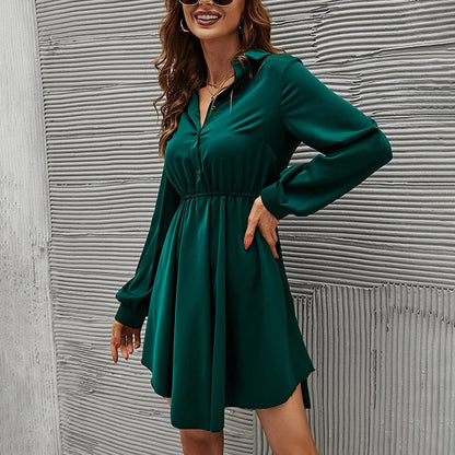 Mini Shirt Dress in Emerald Green with Shirred Waist - emerald green three-quarter front view
