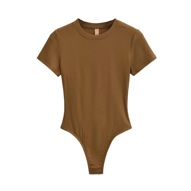 Bodysuit in Stretch Cotton with Short Sleeves - golden brown front view