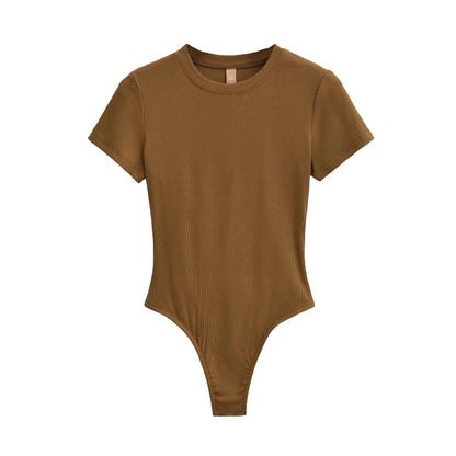 Bodysuit in Stretch Cotton with Short Sleeves - golden brown front view