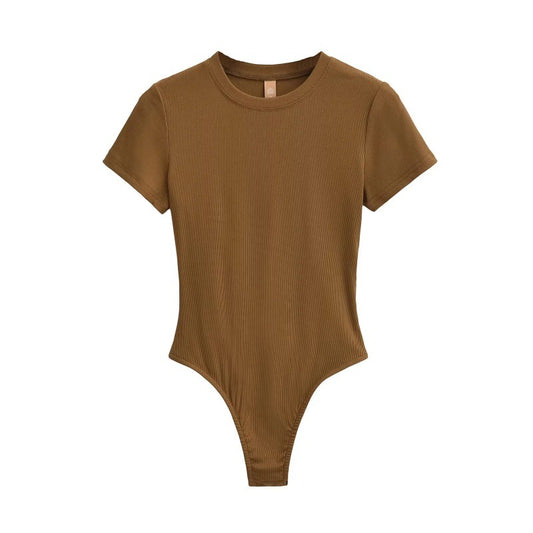 Bodysuit in Stretch Cotton with Short Sleeves - golden brown front view