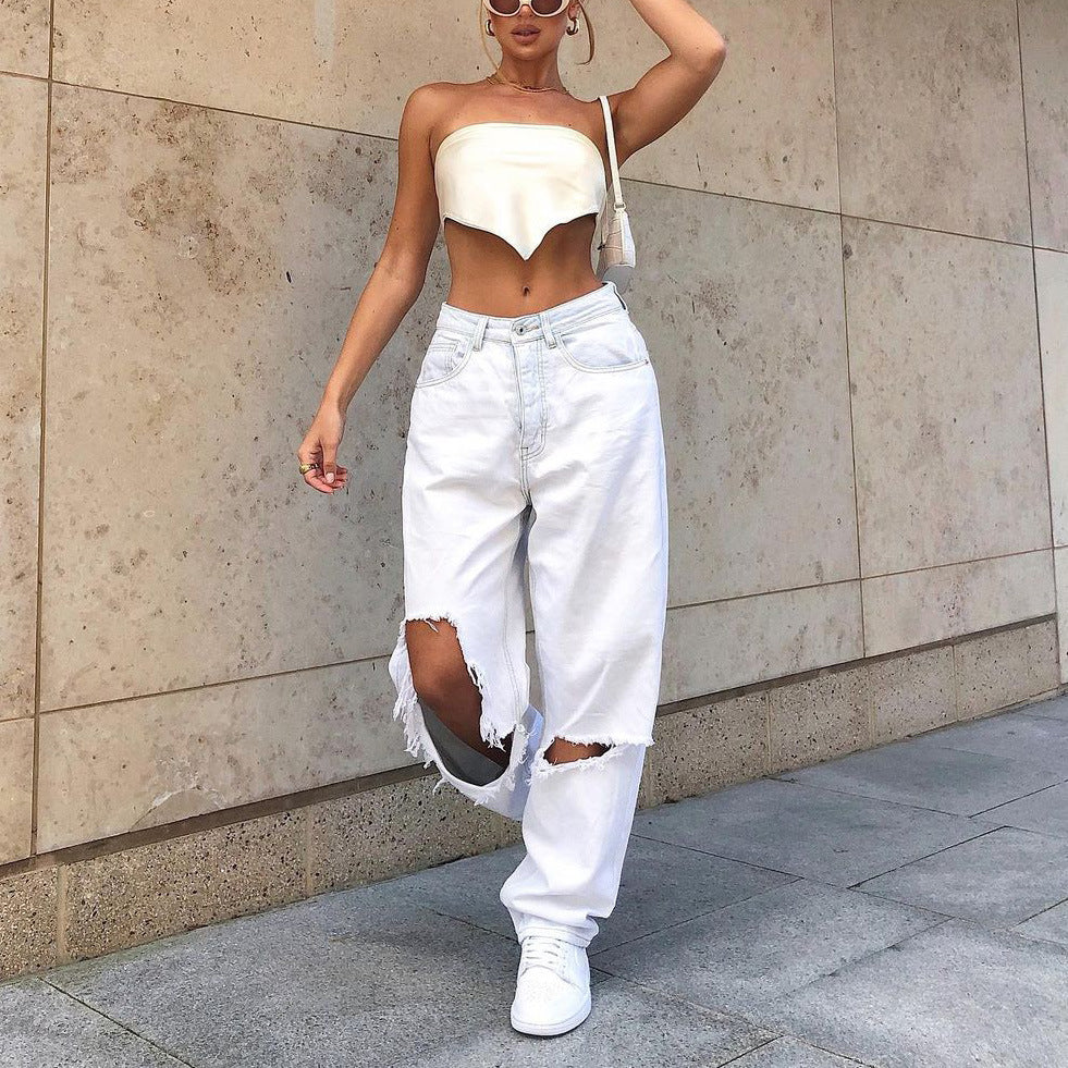 Jeans in White Distressed Baggy Denim - front view with torn knee detail