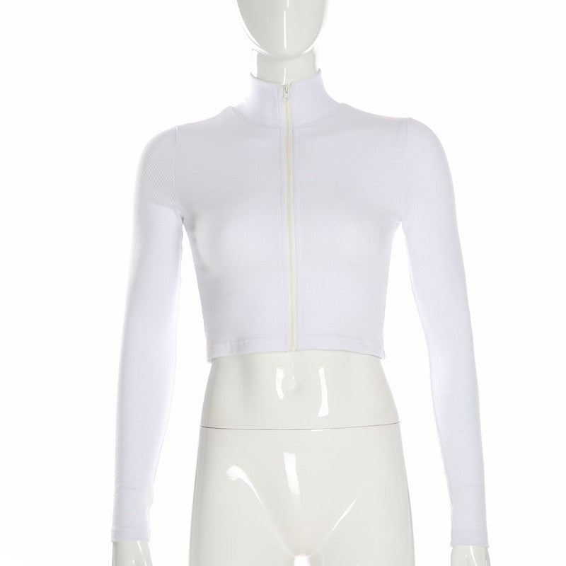 Ribbed Crop Top in White with Zip Front - white front mannequin