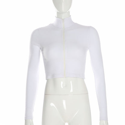 Ribbed Crop Top in White with Zip Front - white front mannequin