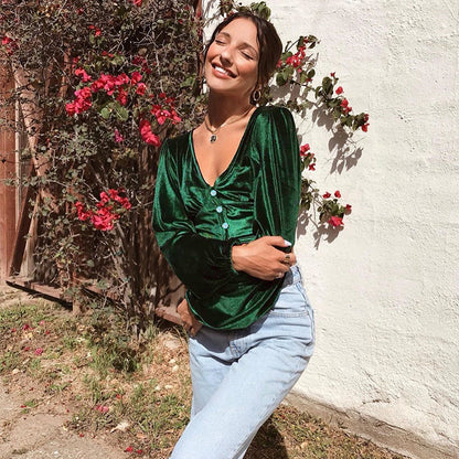 Crop Top in Emerald Green Velvet with Long Sleeves - outdoor three-quarter view with light blue jeans