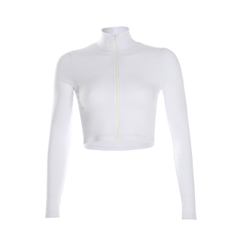 Ribbed Crop Top in White with Zip Front - white front product shot