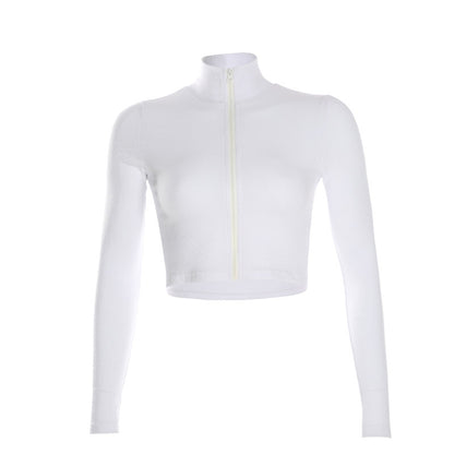 Ribbed Crop Top in White with Zip Front - white front product shot