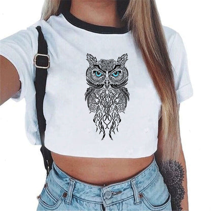 Crop T-Shirt in White with Graphic Print and Contrast Trim - white front with ornate owl graphic