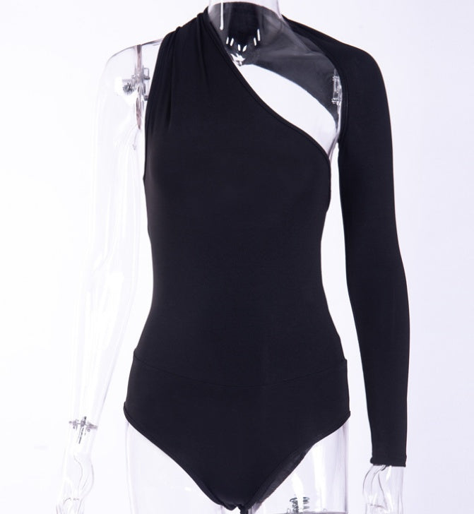 Bodysuit with Asymmetric One-Shoulder Long Sleeve - black front view on mannequin