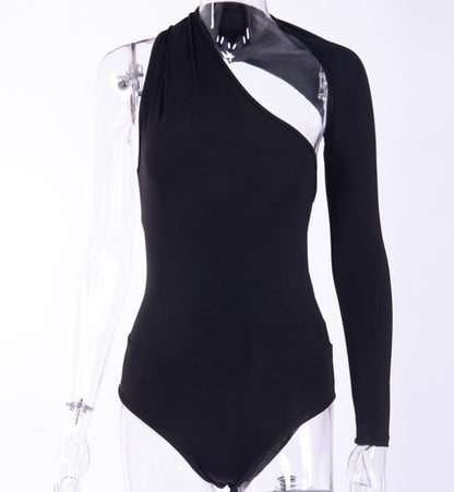 Bodysuit with Asymmetric One-Shoulder Long Sleeve - black front view on mannequin