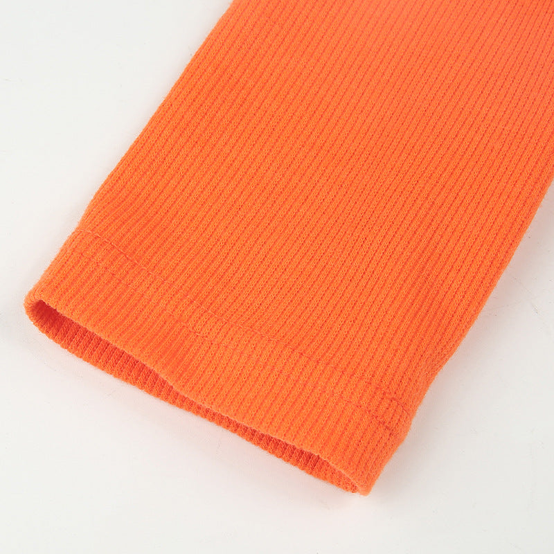 Crop Top in Orange Ribbed Knit with Daisy Applique - orange sleeve cuff detail