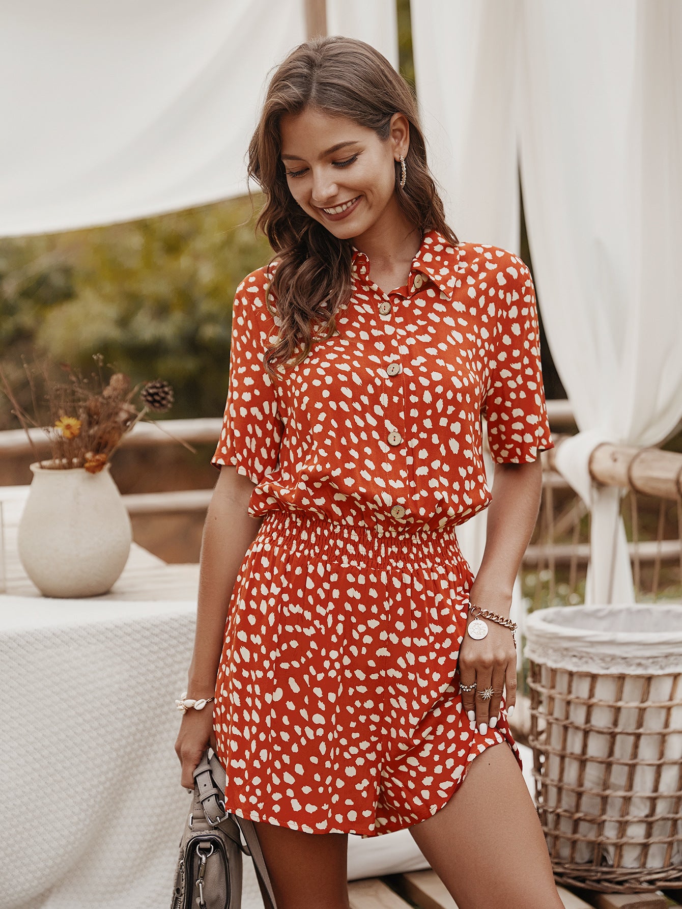 Playsuit with Shirt Collar in Ditsy Floral Print - orange angled pose