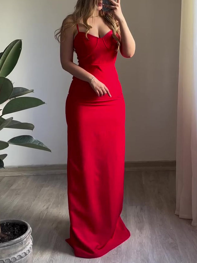Maxi Dress in Red with Sweetheart Neckline and Back Slit - red full-length front angle
