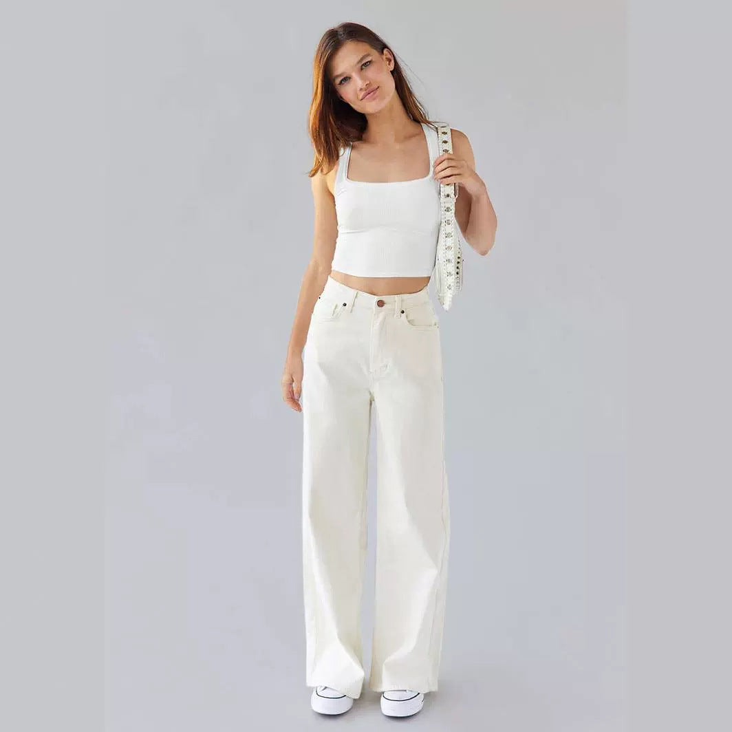 Crop Vest Top with Square Neck and Ribbed Stretch - white full-length outfit view