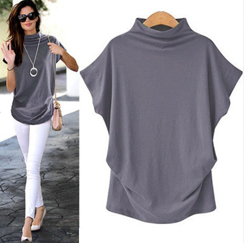 Tunic Top in Funnel-Neck Cotton with Drape Hem - Grey model styling and front view