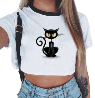 Crop T-Shirt in White with Graphic Print and Contrast Trim - white front with black owl print