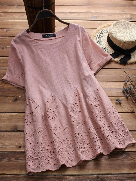 Tunic Top with Broderie Hem - soft pink front flat-lay view