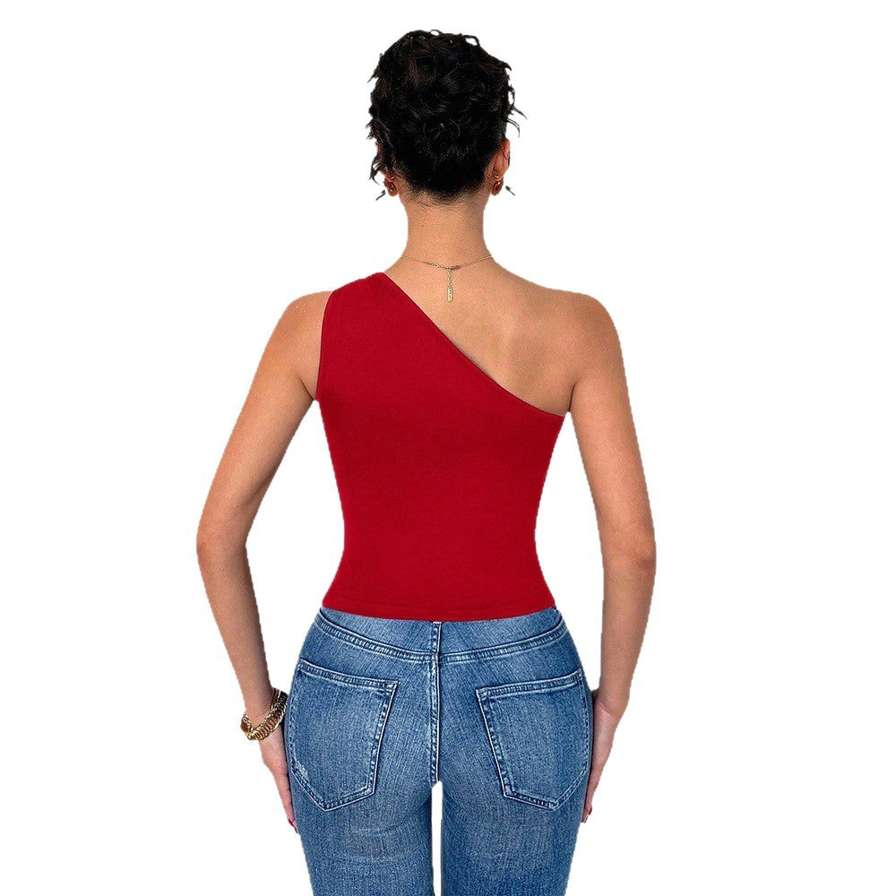 One-Shoulder Top in Red with Gold Ring Detail - red back view