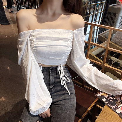 Top with Ruched Bardot Neckline and Lantern Sleeves - white ruched bust close-up