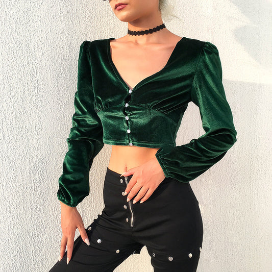 Crop Top in Emerald Green Velvet with Long Sleeves - front lifestyle view with black jeans