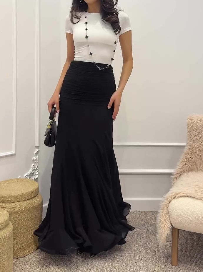 Ruffle Hem Pleated Maxi Skirt - Black, full-length front view