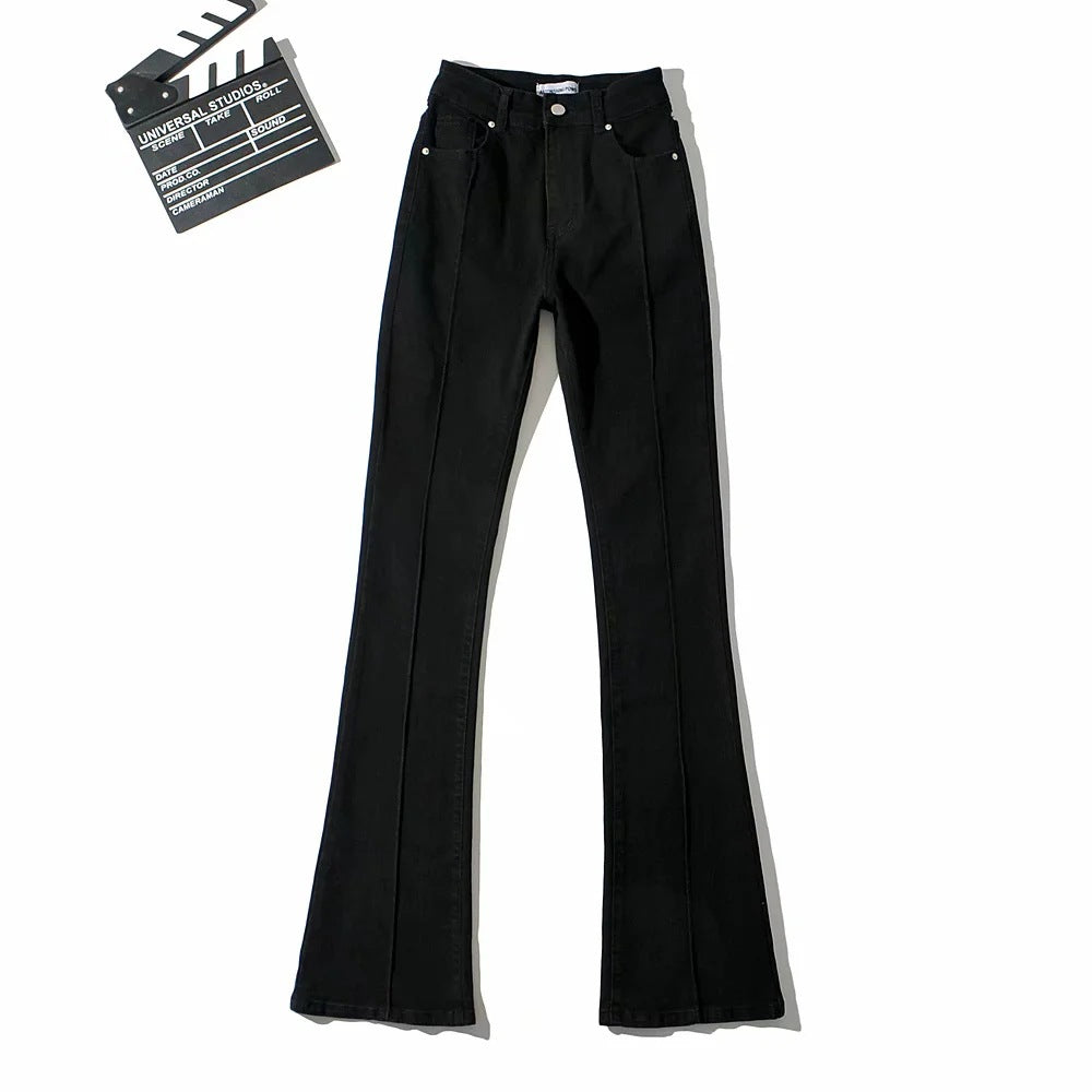 Bootcut Jeans with High Waist and Back Cut-Out - black flat lay front