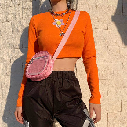 Crop Top in Orange Ribbed Knit with Daisy Applique - orange front outfit view with pink crossbody bag