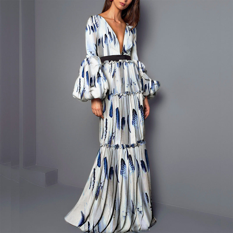 Maxi Dress in Blue Brushstroke Print - grey front full-length view