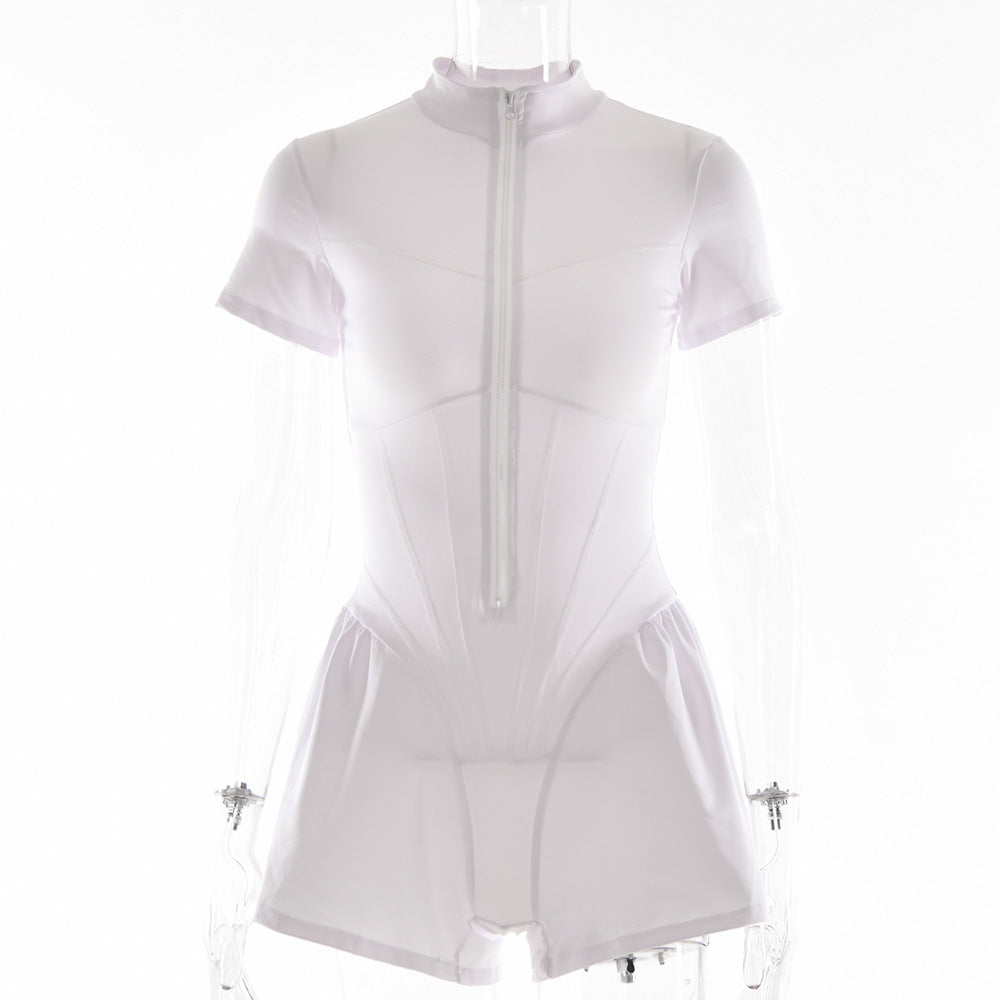 Playsuit with Zip Front and Flared Shorts - white front zip detail