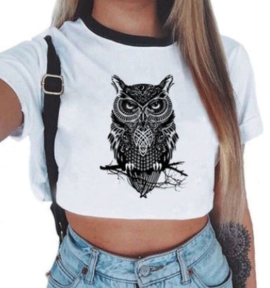 Crop T-Shirt in White with Graphic Print and Contrast Trim - white front with black owl illustration