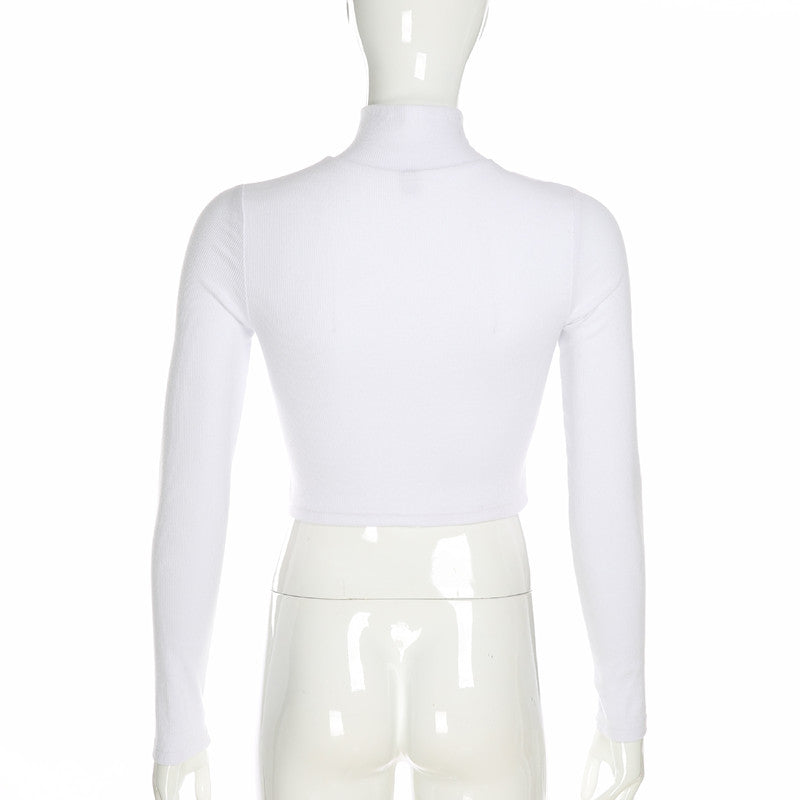 Ribbed Crop Top in White with Zip Front - white back view