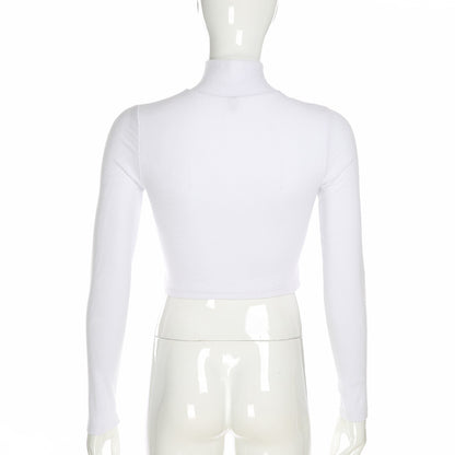 Ribbed Crop Top in White with Zip Front - white back view