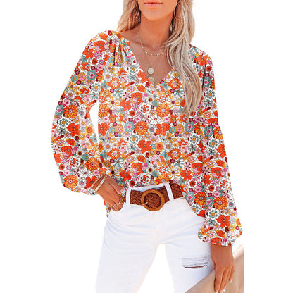 Blouse in Crinkled Floral Chiffon with V-Neck - orange floral full view