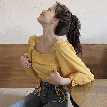 Top with Ruched Bardot Neckline and Lantern Sleeves - yellow side pose